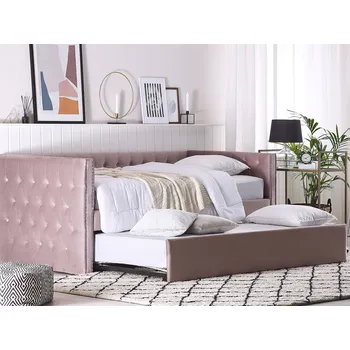 Postel Výsuvná ružová velúrová posteľ s rámom 90 x 200 cm, detské glamour gombíky, čalúnnické klince Beliani
