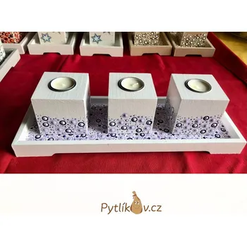 Svíčka Svícen dřevěný s podtáckem Fialová- 3 svíčky (Dřevěný ručně dekorovaný svícen na čajové svíčku s povrchovou úpravou.)