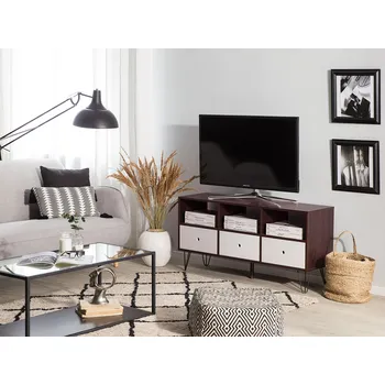 Televizní stolek Televizní skříňka z tmavého dřeva s bílou 120 cm se 3 zásuvkami Beliani