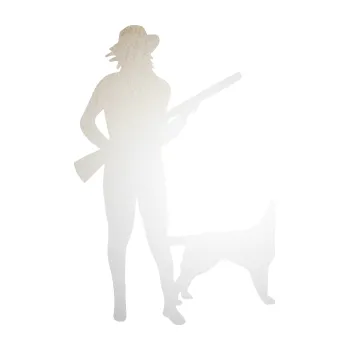 Polep vozidla SAMOLEPKA Lov 002 pravá myslivkyně se psem (82 - odrazková reflexní bílá) NA AUTO, NÁLEPKA, FÓLIE, POLEP, TUNING, VLASTNÍ TEXT, TISK, AUTOSAMOLEPKY.cz, POLEPY, OBRÁZEK, LOGO, SAMOLEPKY