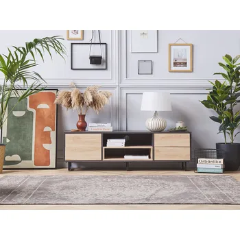 Televizní stolek TV nábytek hnědá barva dřeva dub sonoma 4 zásuvky 2 police kovový rám industriální vzhled Beliani