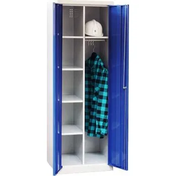 Úklidová, kovová skříň, v x š x h: 1800 x 600 x 500 mm, 4 police v levé části, pravá část s jednou horní policí, barva šedá RAL7035 / modrá RAL5012