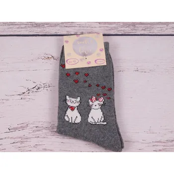 Dámské ponožky CNB BERLIN Termo ponožky DE 37718 teplé s vlnou a angorou šedé s kočkami velikosti ponožek: 23-25 (EUR vel. 35-38)