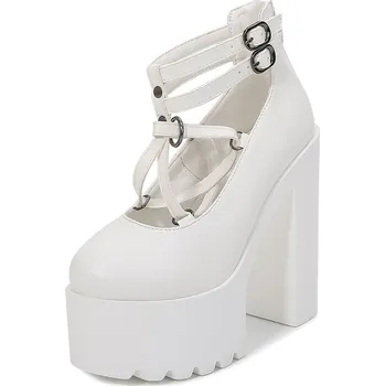 Dámské lodičky Kožené lodičky s pásky, vysokým podpatkem a platformou Velikost: 36, Barva (Varianta): Bílá