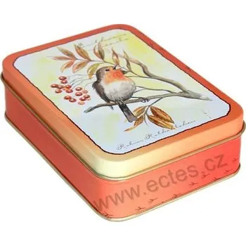 Dóza na potraviny SONG BIRD oranžová plechová dóza 2636 červenka na větvi a červené bobule jeřabiny