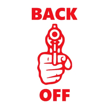 Polep vozidla SAMOLEPKA Back off levá zbraň (10 - červená) NA AUTO, NÁLEPKA, FÓLIE, POLEP, TUNING, VLASTNÍ TEXT, TISK, AUTOSAMOLEPKY.cz, POLEPY, OBRÁZEK, LOGO, SAMOLEPKY
