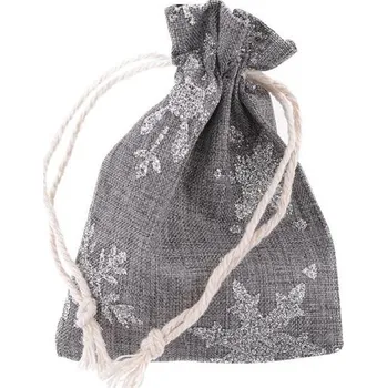 Vánoce Pytlík lněný stahovací 9x12cm, šedý s vločkami