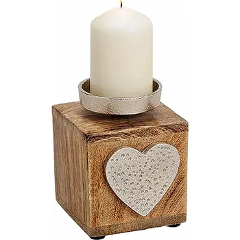 Svícen Svícen z mangového dřeva Kostka se srdíčkem 10 x 12,5 cm