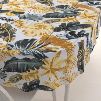 ubrus Velký bavlněný oválný ubrus Sandra SA-388 Šedozelené a zlaté tropické listy na bílém 160x220 cm