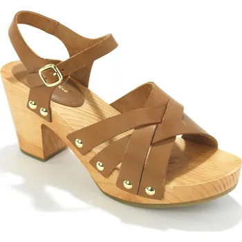 Dámské sandále Kožené sandály s nýtky a dřevěným podpatkem karamelová 41