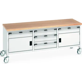 Dílenský stůl Průmyslový box Bott Cubio - 5 zásuvek, 2 skříňky Barva: Světle šedá, Pracovní deska: Multiplex