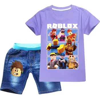 Letní set ROBLOX tričko krátký rukáv + džínové kraťasy (mix barev) Barva: Fialová, Velikost: 160