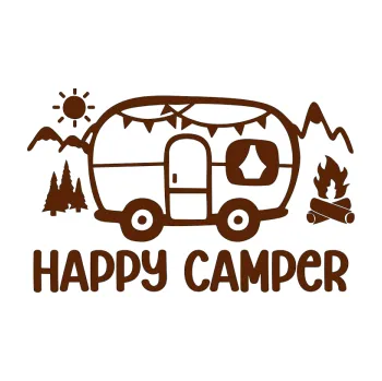 Samolepící dekorace SAMOLEPKA Happy camper 002 pravá kempování s karavanem (15 - hnědá) NA AUTO, NÁLEPKA, FÓLIE, POLEP, TUNING, VLASTNÍ TEXT, TISK, AUTOSAMOLEPKY.cz, POLEPY, OBRÁZEK, LOGO, SAMOLEPKY