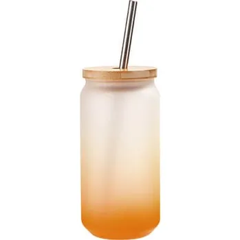 Sklenice Sklenice 550 ml s bambusovým víčkem matná - oranžový gradient sublimace termotransfer