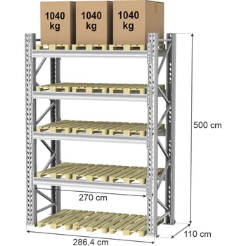Dílenský regál Mago Paletový regál (15 palet), výška 500 cm, šířka: 286,4 cm, hloubka: 110 cm - modul základní