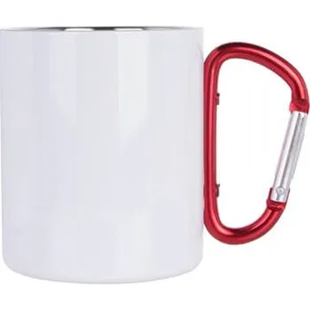 Hrnek kovový 300 ml s karabinou bílý - červená karabina sublimace termotransfer