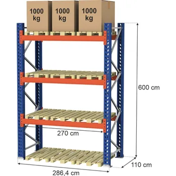 Dílenský regál Mago Paletový regál (12 palet), výška 600 cm, šířka: 286,4 cm, hloubka: 110 cm - modul základní