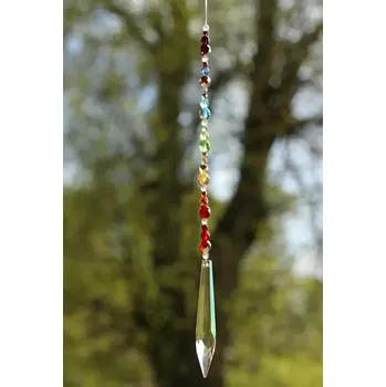 JoyKa Světelný Zářič Křišťálový - Perleťový rampouch, Čakrové korálky, Český skleněný Lapač Slunce 3630 (Česká Ruční Tvorba z Podkrkonoší - Každý kousek originální)