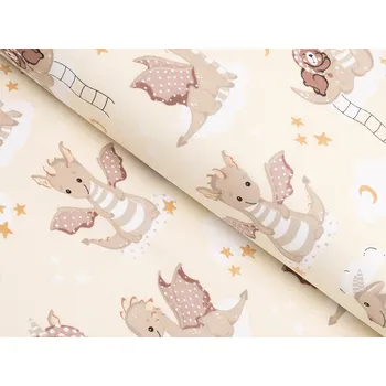 Dětská bavlněná látka/plátno Sandra SA-467 Dráčci na žlutobéžovém - šířka 160 cm