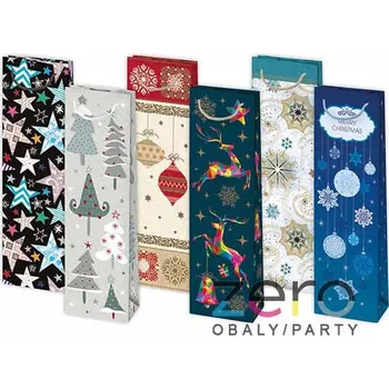 Taška papírová dárková na láhev 12x40x9 cm (lak) - vánoční (mix 2)