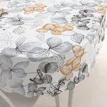 Bavlněný oválný ubrus Sandra SA-367 Šedo-oranžové květy na bílém 140x220 cm