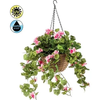 umělá květina Umělá květina Geránium růžová v závěsném květináči venkovní, 45cm