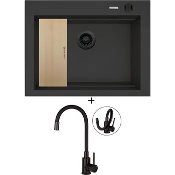 Granitový dřez SET Pyramis SIROS (67x51,5) 1B černá edice + dřevěná krájecí deska + Deante NEO LUNO BOC N72M černá matná