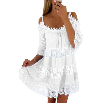 Dámské šaty Letní boho šaty na ramínka s nášivkami Barva: Bílá, Velikost: XL