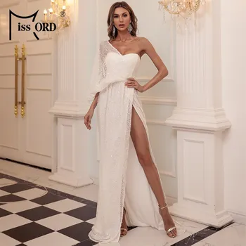 Dámské šaty Asymetrické maxi šaty s flitry, na jedno rameno s rozparkem - S/M Barva: Bílá, Velikost: M