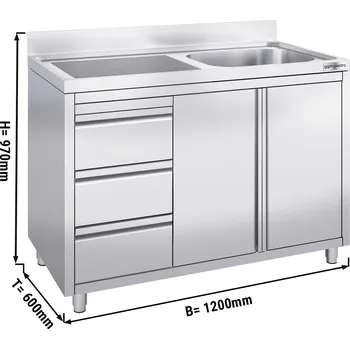 Nerezový dřez G.Gastro Dřezová skříňka z nerezové oceli se 3 šuplíky - 1,2 m - 1 dřez vpravo