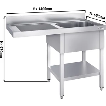 Nerezový dřez G.Gastro Mycí stůl s prostorem na myčku 1,4 m - 1 dřez vpravo D 50 x Š 40 x H 25 cm