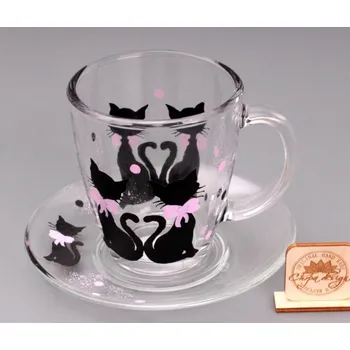 Sada hrnek klasik s podšálkem - kočky růžová mašle