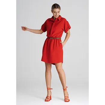 Dámské šaty Šaty volného střihu s límečkem a krátkými rukávy M1001 Barva: Červená, Velikost: L