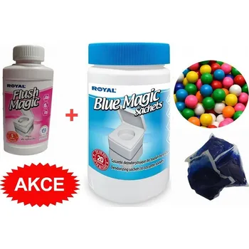 Chemické WC STARTOVACÍ BALÍČEK Blue Magic Aut Sachets BUBBLE GUM v dóze 20ks+FLUSH Magic 250ml