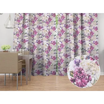 ubrus Dekorační závěs PML-108 Fialové květiny s motýlky na bílém 145x140 cm