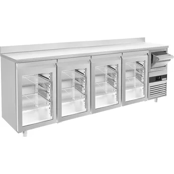 Lednice G.Gastro Barová lednička na nápoje 2,69 m - s 4 skleněnými dveřmi, s obkladovým panelem & odklepávačem na kávu