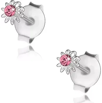 Náušnice Stříbrné 925 náušnice, drobný kvítek s růžovým Swarovského krystalkem