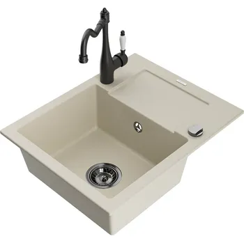 Kuchyňský dřez Mexen Enzo 1-miskový granit dřez s odkapem a baterií Carla, béžová 6506-69-670700-70