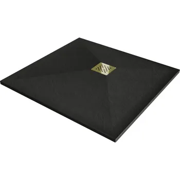 Sprchová vanička Mexen Stone+ čtvercová kompozitová vanička 80x80 cm, černá, zlatý kryt 44708080-G