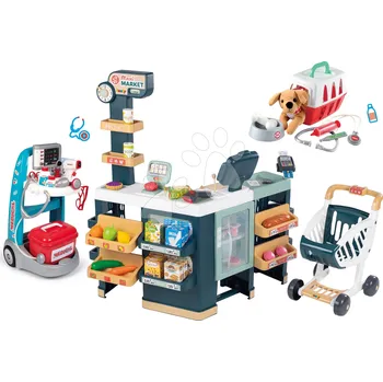 Hra na obchod Set obchod elektronický smíšené zboží s chladničkou Maxi Market a lékařský vozík Smoby se zvukem a světlem a přenosný box pro pejska