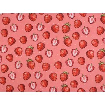 Bavlněná metráž / imitace lnu hrubší, jahody METRÁŽ - růžová