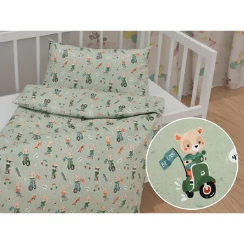 Povlečení Dětské bavlněné povlečení do postýlky Sandra SA-468 Méďové na motorkách na zeleném Do postýlky 90x130 a 40x60 cm