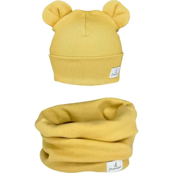 Dívčí mikina Mimilove Sada čepičky MEDVÍDEK s nákrčníkem Hořčicová 06-24m.
