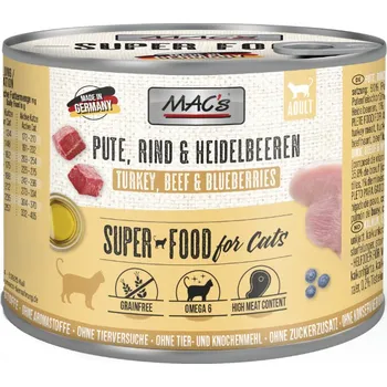 Krmivo pro kočku 2x6ks-12x200g MAC's Cat - Krůtí, hovězí a borůvky