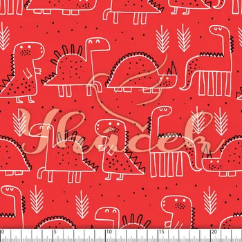 Zakázkový tisk, softshell, kočárkovina... Zvědaví dinosauři na červené Látky k tisku: Lycra
