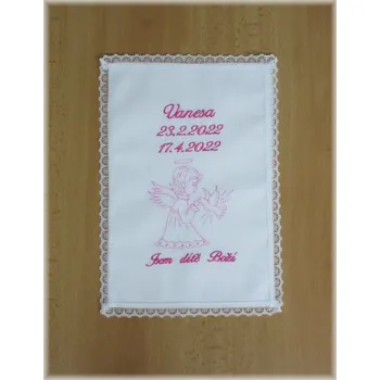 rouška Vyšívaná křestní rouška s krajkou vzor 8 (Křestní rouška- jména data dle Vašeho zadání. )