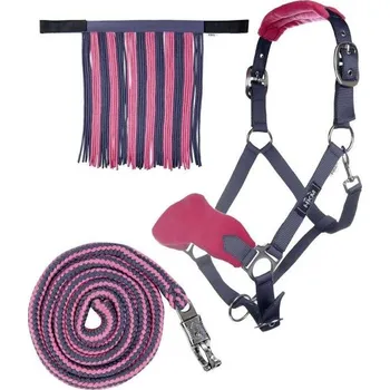 Vybavení pro koně HKM Set ohlávky s vodítkem s panic karabinou a třásněmi HKM, grey/pink PONY