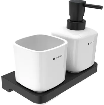 Dávkovač mýdla Černý nástěnný držák s keramickým dávkovačem mýdla a pohárkem NIMCO MAYA černá MAC 2905831K-T-90 Nimco