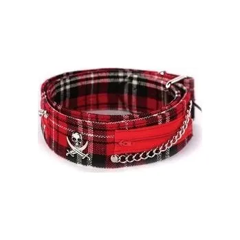 Opasek Opasek červený tartan s pirátskými lebkami a zipy