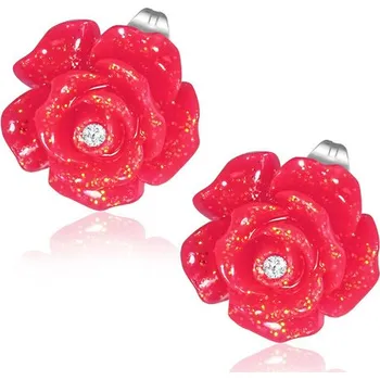 Náušnice Červený květ s kamínkem - Ocelové náušnice